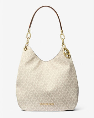 LILLIE <br> Grand sac porté épaule avec logo signature - Vanille / Noisette