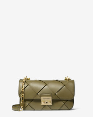 TRIBECA <br> Petit sac porté épaule en cuir tressé - Vert Safari