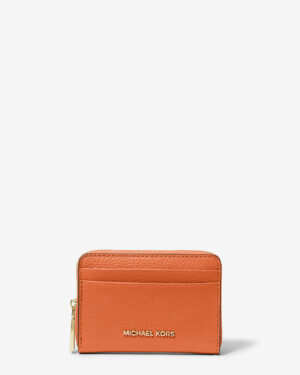 JET SET Petit porte-cartes entièrement zippé en cuir grainé - Orange Vif